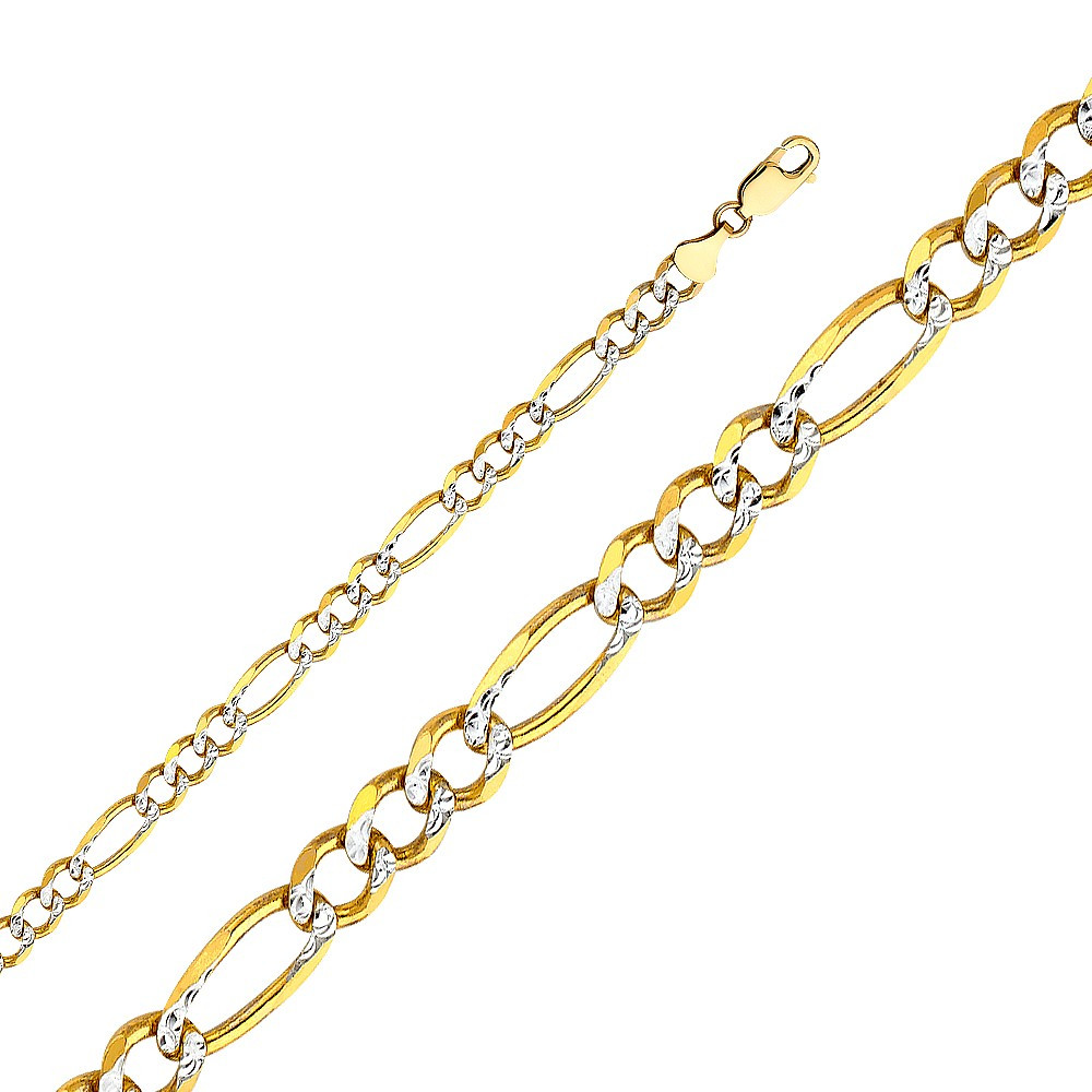 14k Gold 5.5mm White Pave Figaro Bracelet 8 Inches